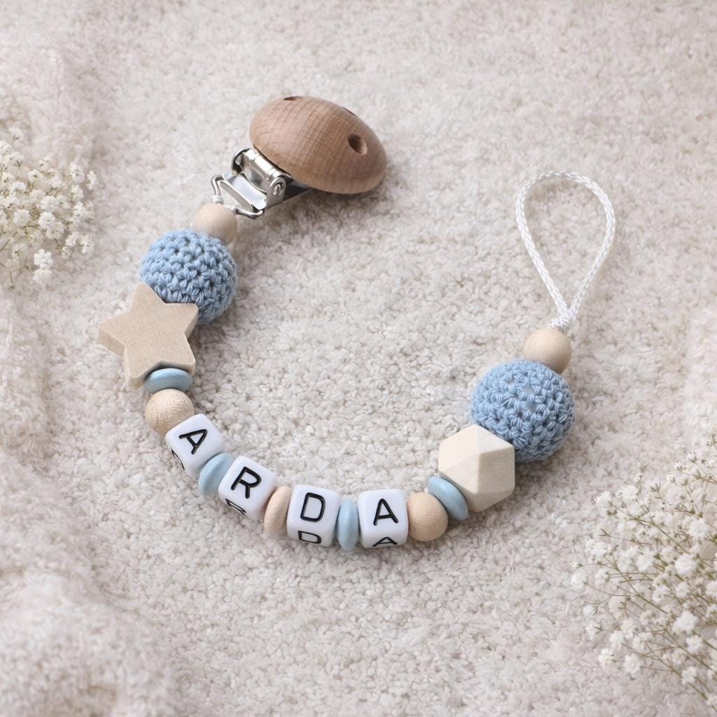 Personalisierte Schnullerkette Mit Name | Schnullerclip Baby Blau Stern Babygeschenk Zur Geburt Junge Schnullerhalter Personalisiert von Etsy - LittleDreamPearl