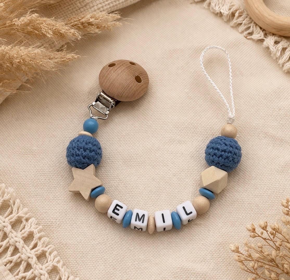 Personalisierte Schnullerkette Mit Name | Schnullerclip Junge Blau Baby Geschenk Zur Geburt Schnullerhalter Personalisiert Namen von Etsy - LittleDreamPearl