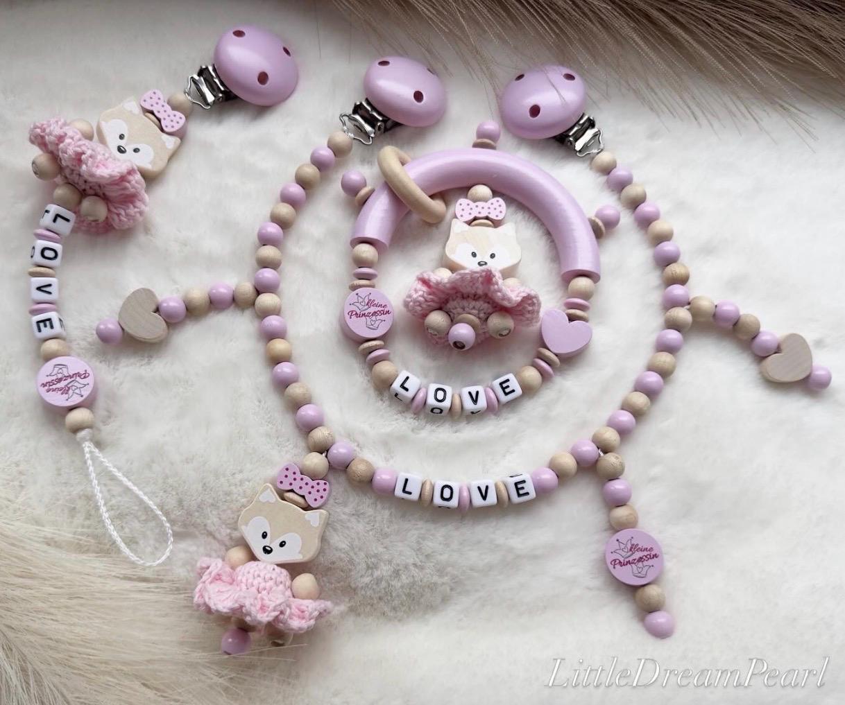 Personalisierte Schnullerkette Set Mit Name Schnullerclip Mädchen Rosa Beige Baby Geschenk Zur Geburt | Schnullerhalter Personalisiert von Etsy - LittleDreamPearl