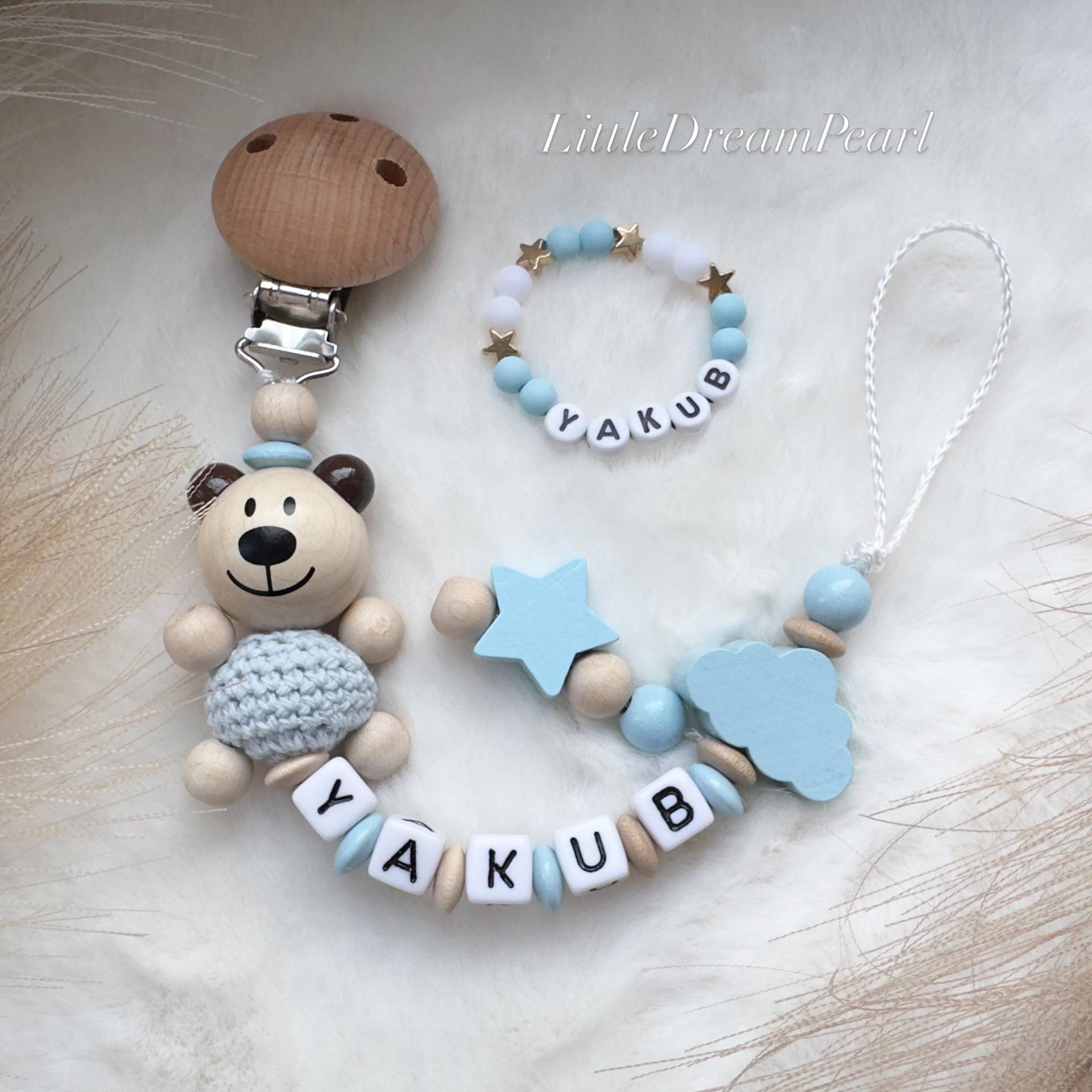 Schnullerkette Personalisiert Mit Name Bär Baby Schnullerclip Blau Geschenk Zur Geburt Junge Set von Etsy - LittleDreamPearl