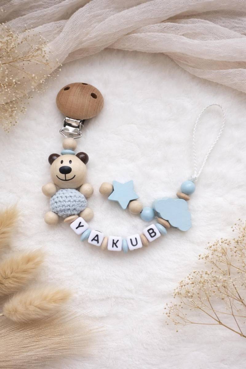 Schnullerkette Personalisiert Mit Name Bär Baby Schnullerclip Blau Geschenk Zur Geburt Junge Set von Etsy - LittleDreamPearl