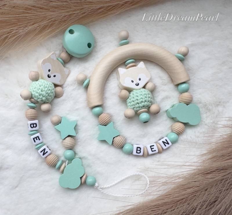 Schnullerkette Personalisiert Mit Name Fuchs Wolke Stern Baby Schnullerclip Mint Beige Geschenk Zur Geburt Junge Set von Etsy - LittleDreamPearl
