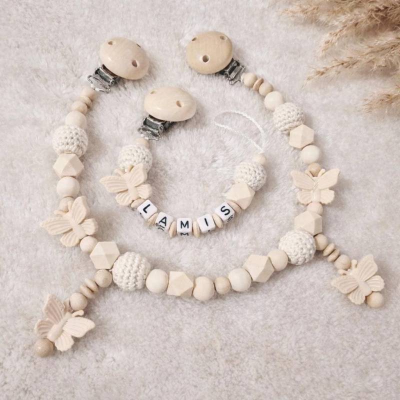 Schnullerkette Personalisiert Mit Name Schmetterling Beige Baby Schnullerclip Geschenk Zur Geburt Mädchen | Junge Set von Etsy - LittleDreamPearl