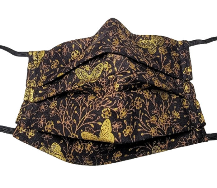 Metallic Schmetterlinge Und Goldene Ranken Wiederverstellbare Gesichtsmaske Mit Filterfach Nasennadeldraht von Etsy - LochNessLocker