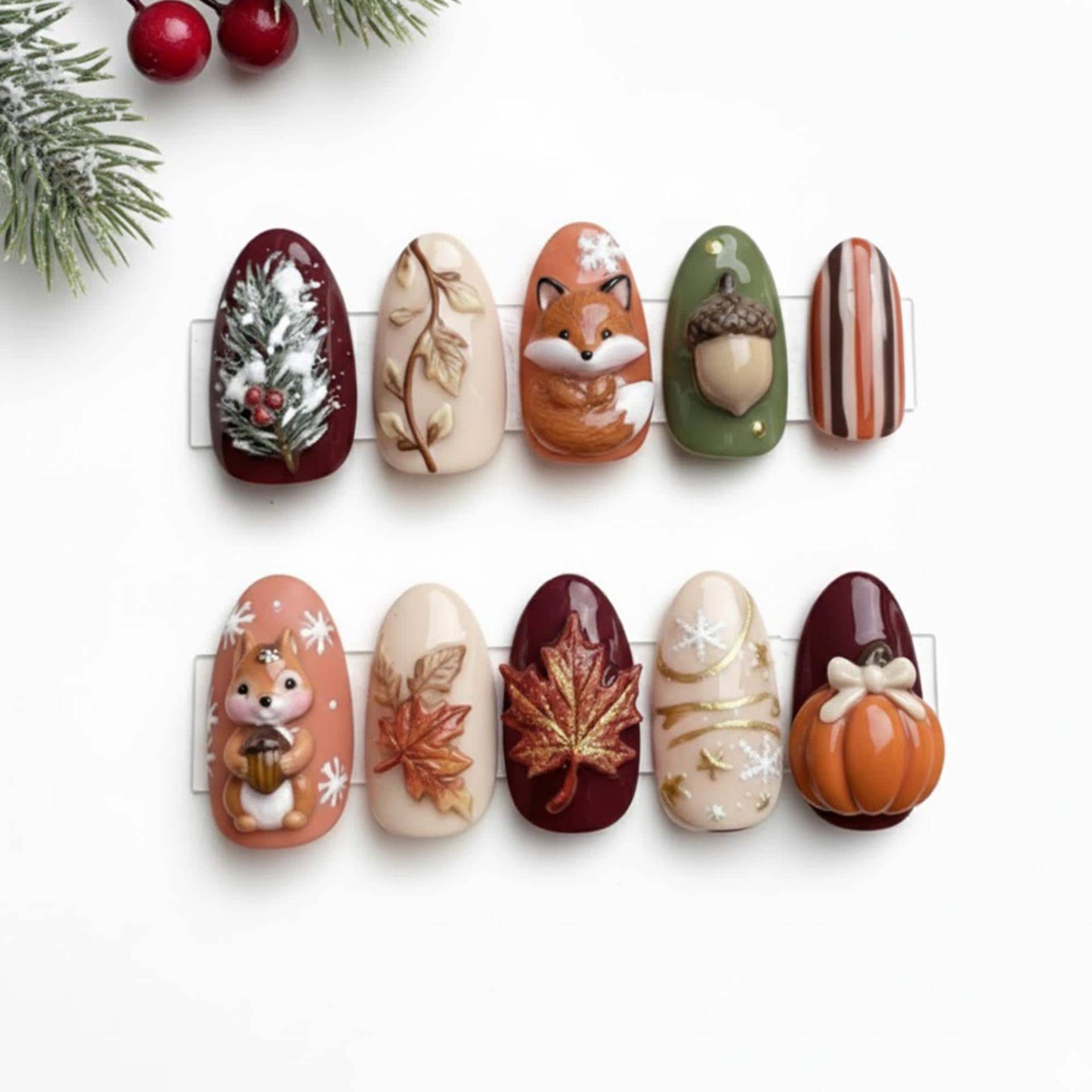 Handmade 3D Autumn Forest Press On Nails | Cute Fall Winter Fox & Squirrel Nail Set Maple Leaf, Acorn & Pumpkin Art von Etsy - LudwigKunst