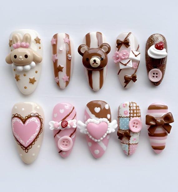 Handmade 3D Kawaii Chocolate Bear Press On Nails | Cute Pink Valentine's Day Nail Set Romantic Rabbit, Heart & Ribbon Art Handmade 3D Kawaii Chocolate Bear Press On Nails | Cute Pink Valentine's Day Nail Set Romantic Rabbit, Heart & Ribbon Art von Etsy - LudwigKunst