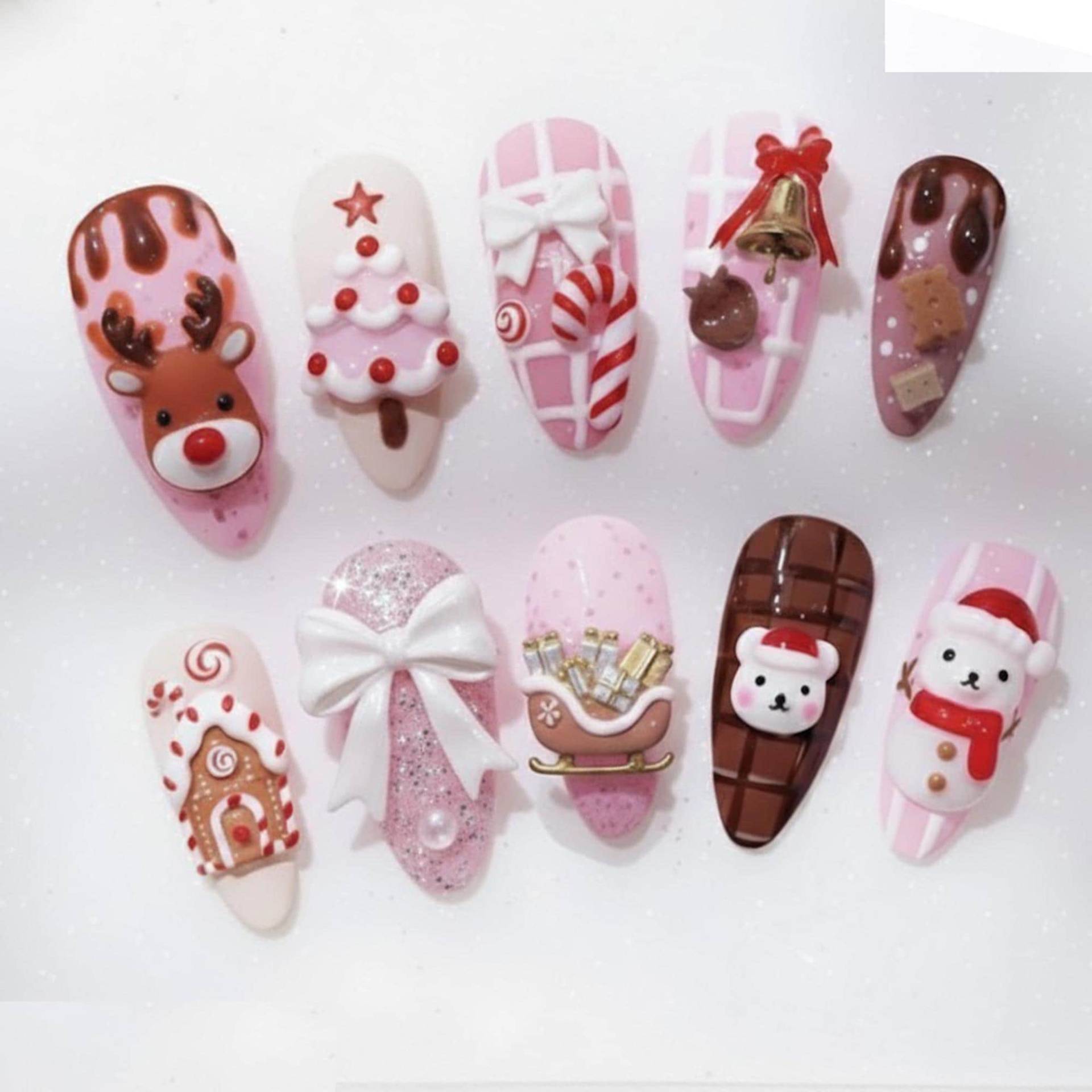 Handmade 3D Pink Christmas Press On Nails | Kawaii Reindeer & Bear Holiday Nail Set Cute Gingerbread, Snowman & Bow Art von Etsy - LudwigKunst