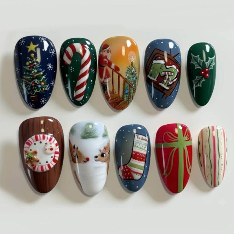 Handmade =Vintage Christmas Press On Nails | Detailed Santa Claus Holiday Nail Art Cute Reindeer, Grinch & Candy Cane Set von Etsy - LudwigKunst