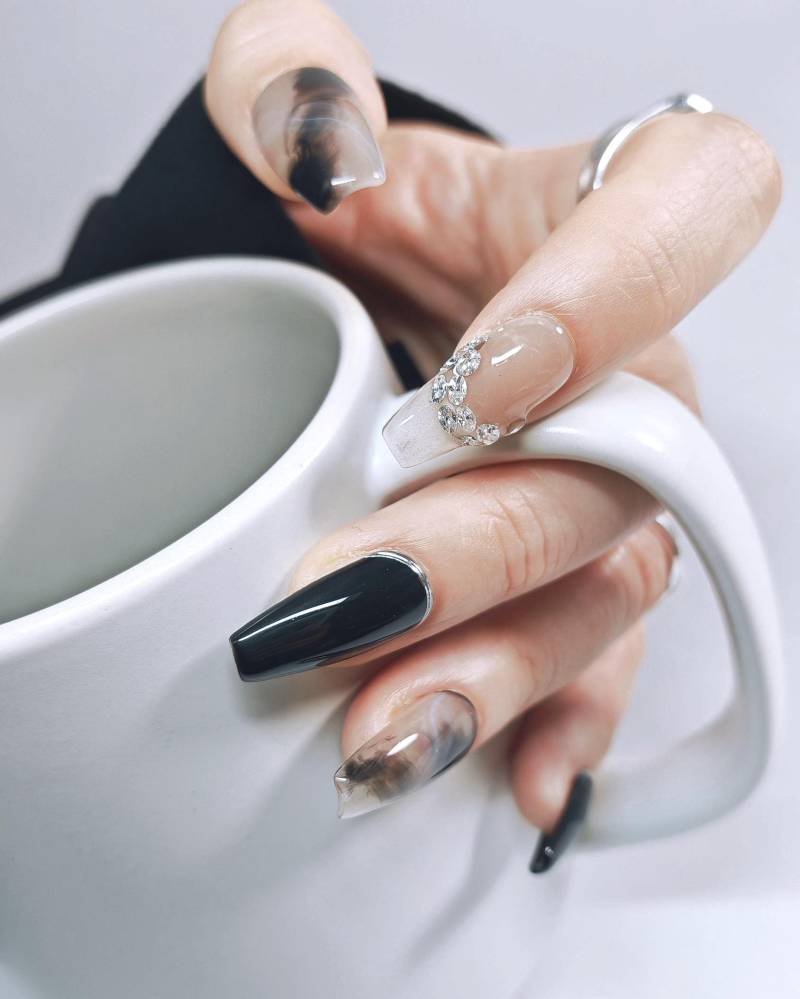 Long Coffin Press On Nails | Black Smoke Ink Marble & Crystal French Design Handmade Reusable Gothic Dark Academia Long Coffin Press On Nails | Black Smoke Ink Marble & Crystal French Design Handmade Reusable Gothic Dark Academia von Etsy - LunevaAtelier