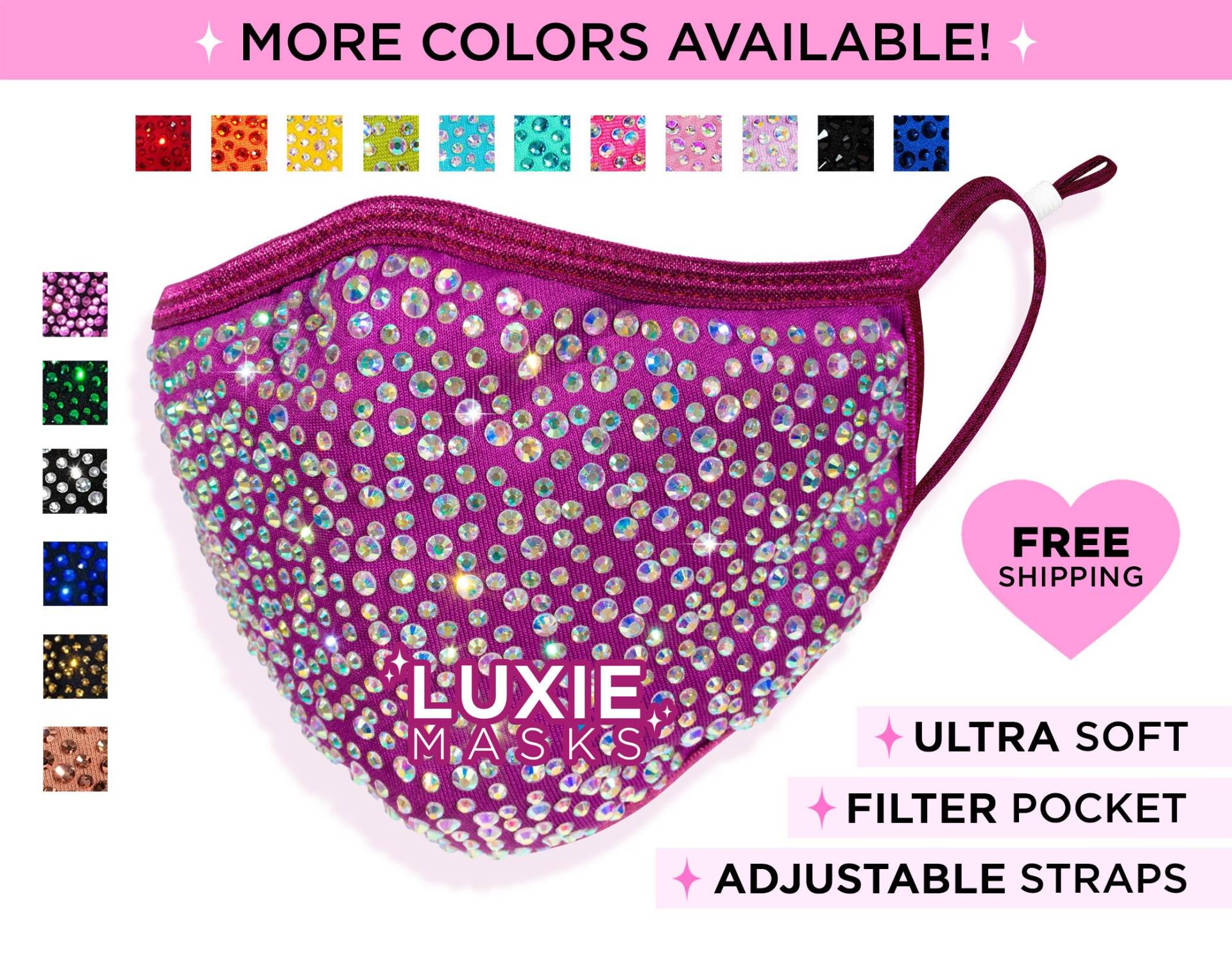 Fuchsia Strass Maske, Bling Gesichtsmaske Von Luxie, Weiche Baumwolle, Verstellbare Und Bequeme Ohrschlaufen/Riemen, Inklusive Filter Mit Fuchsia Strass Maske, Bling Gesichtsmaske Von Luxie, Weiche Baumwolle, Verstellbare Und Bequeme Ohrschlaufen/Riemen, Inklusive Filter Mit von Etsy - LuxieMasks