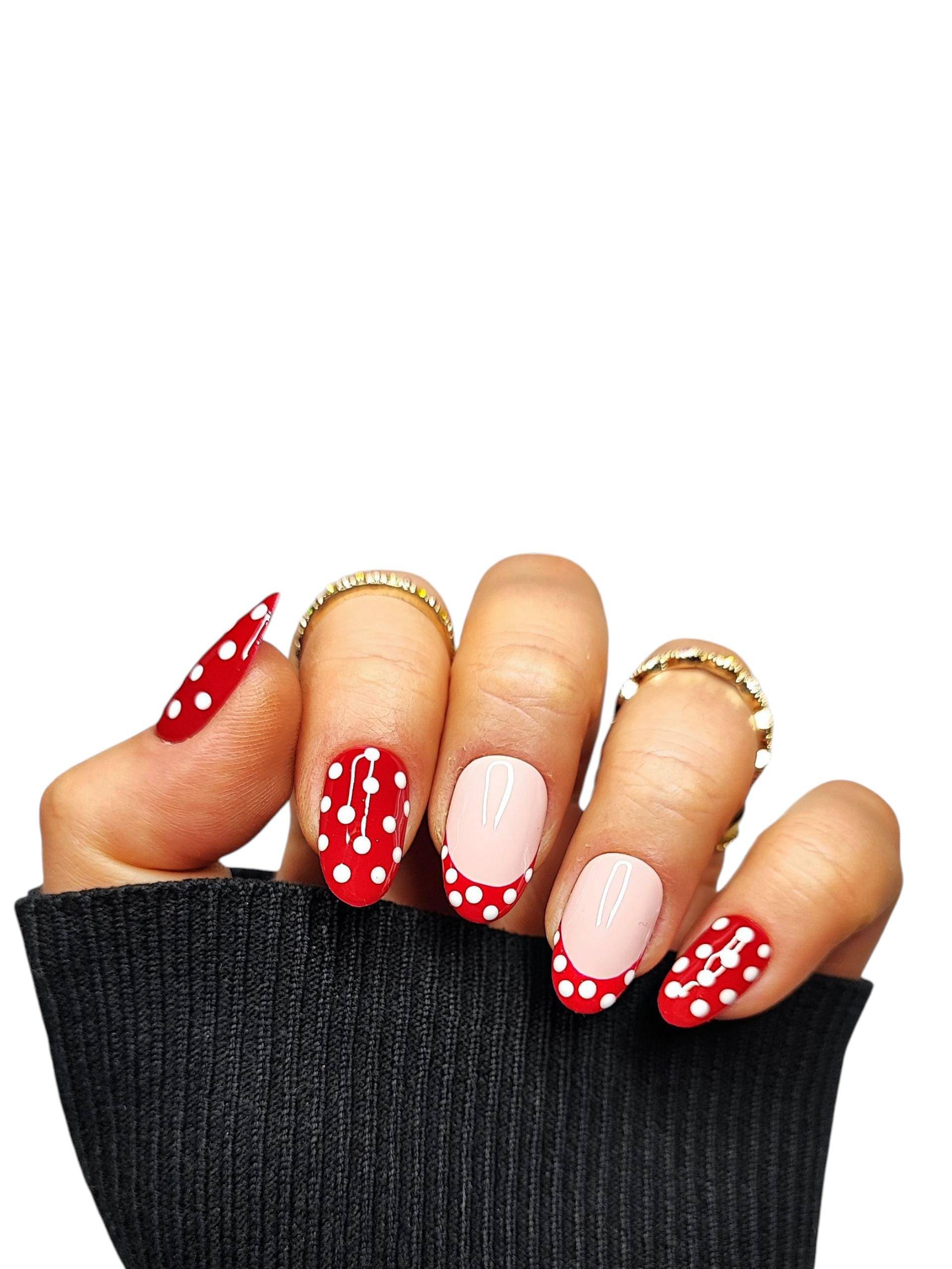Press-On Nägel Rot Polka-Dot | Handgemachte Kunstnägel Retro Punkte Design 20Er Set von Etsy - MEVANAILS
