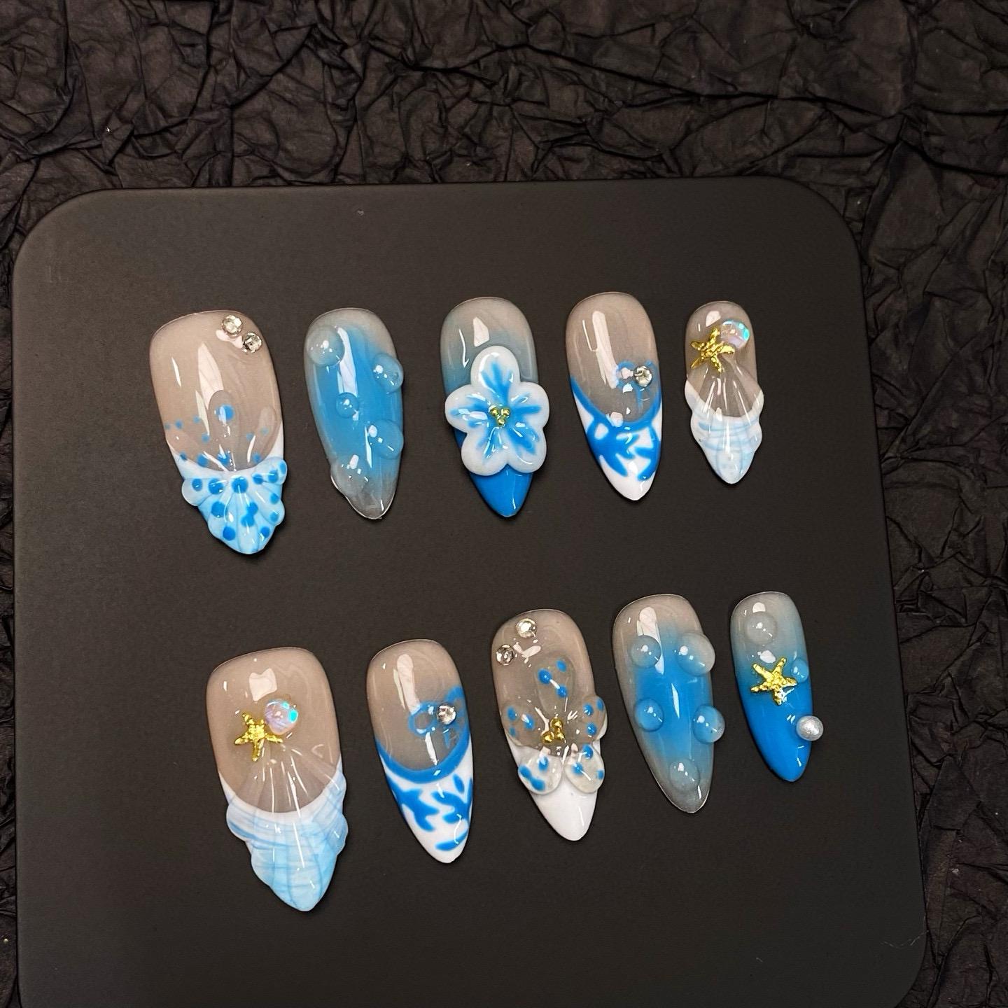 Ocean Breeze Press On Nails Manicure/Reusable Almond Nail 20mm von Etsy - MYNAILPRESS