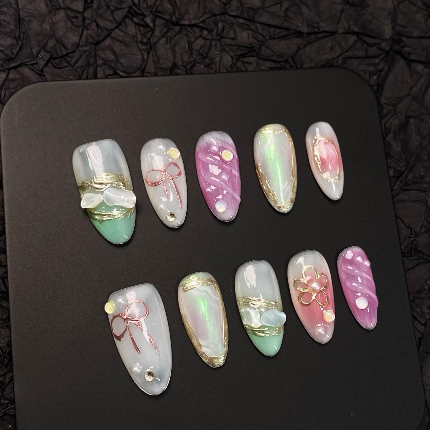 Pastel Ribbons Press On Nails Manicure/ Reusable/ Almond Shape 20mm von Etsy - MYNAILPRESS