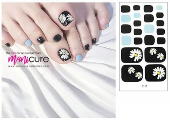 Gänseblümchen Blau Und Schwarz Finish, Pedicure Echte Nagellackstreifen, Getrocknete Nagellacke, Nagelfolien, Sticker, Langlebig, Ungiftig von Etsy - ManicureNailPolish