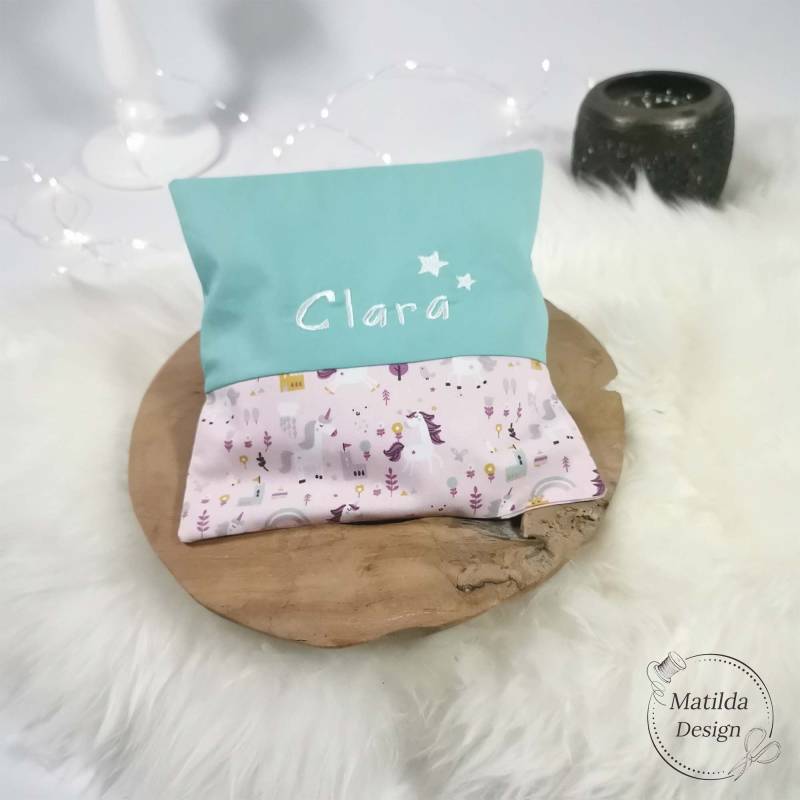 Wärmekissen - Einhörner Türkis Personalisierbar Mit Wunschtext Bezug Waschbar Bio-Dinkel Kirschkerne 20cm X von Etsy - MatildaDesignShop