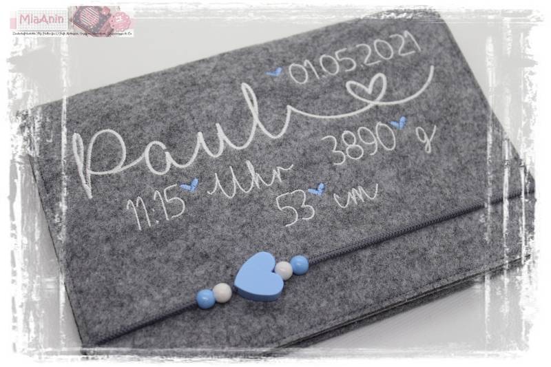 U-Heft Hülle Filz Herz Junge Mädchen Personalisiert Herz Blau & Weiß Bestickt Babydaten Geburtsdaten von Etsy - MiaAnin