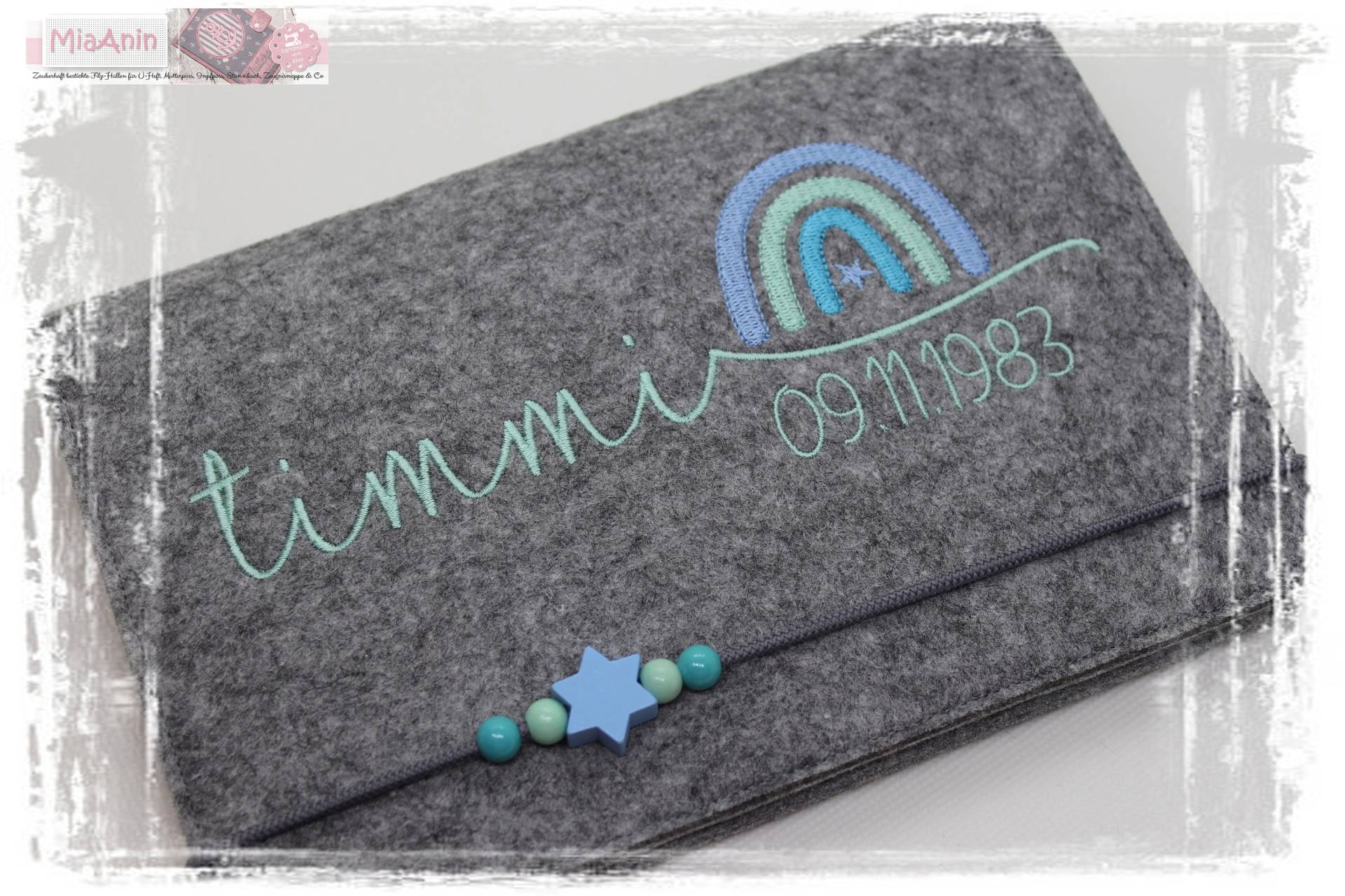 U-Heft Hülle Filz Herz Junge Personalisiert Regenbogen Stern Grau Mint Blau Bestickt Impfpassfach von Etsy - MiaAnin