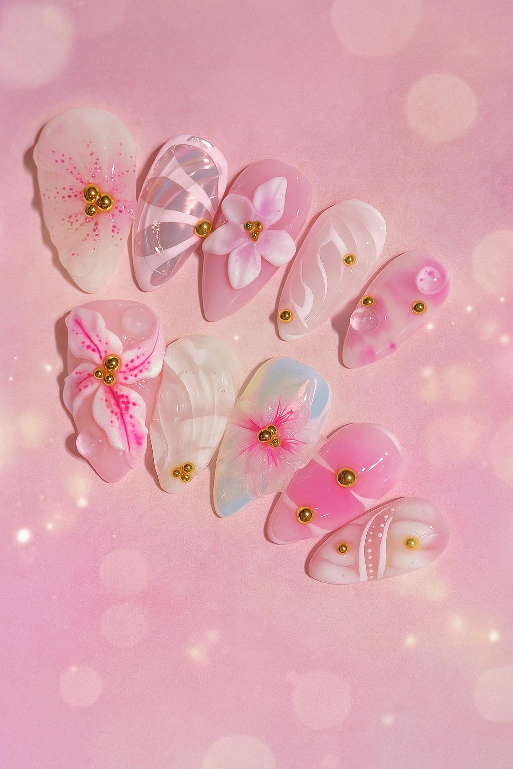 3D Flower Freestyle Medium Almond Press On Nails, Gel Flower, Ombre Pink Color, Marle Nai , Lily Flower Nails von Etsy - MichaelLorenzSchatze