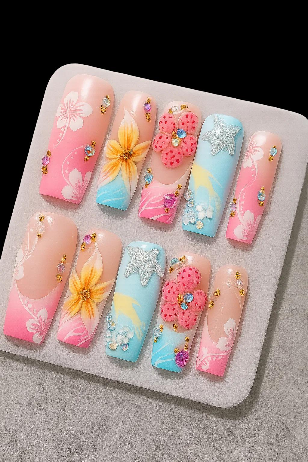 Island Bloom Press On Nails, 3D Floral & Ocean-Inspired Nail Art, Handmade Summer Beach Tropical Vibrant Vacation Set von Etsy - MichaelLorenzSchatze