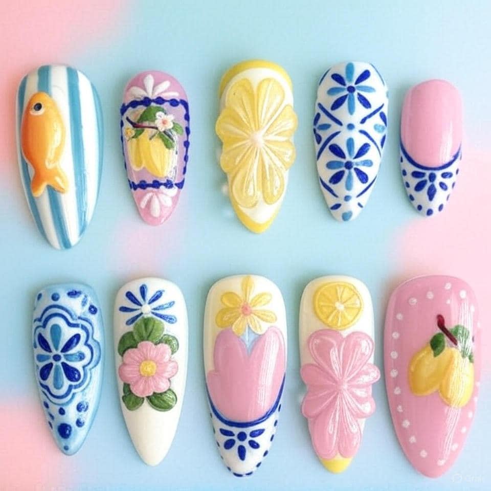 Lemon Floral Press On Nails, Cute Summer Fish & Fruit Nail Art, Blue Pink 3D Handmade Gel Tips, Playful Design Set von Etsy - MichaelLorenzSchatze