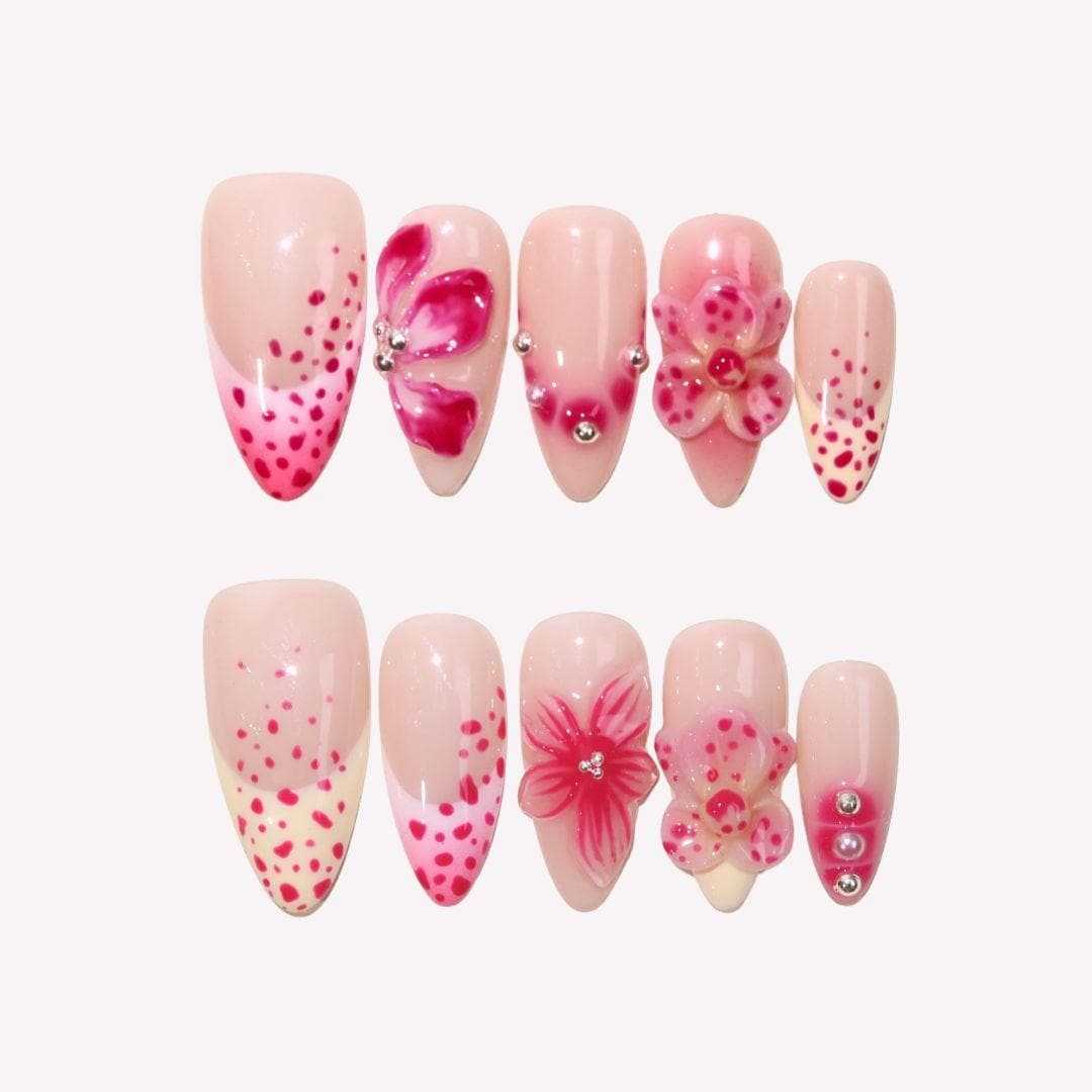 Pink Polka Dot Press On Nails, 3D Flower Nail Art, Cute Gel Tips, Handmade Floral Acrylic Summer Cherry Blossom Nails von Etsy - MichaelLorenzSchatze