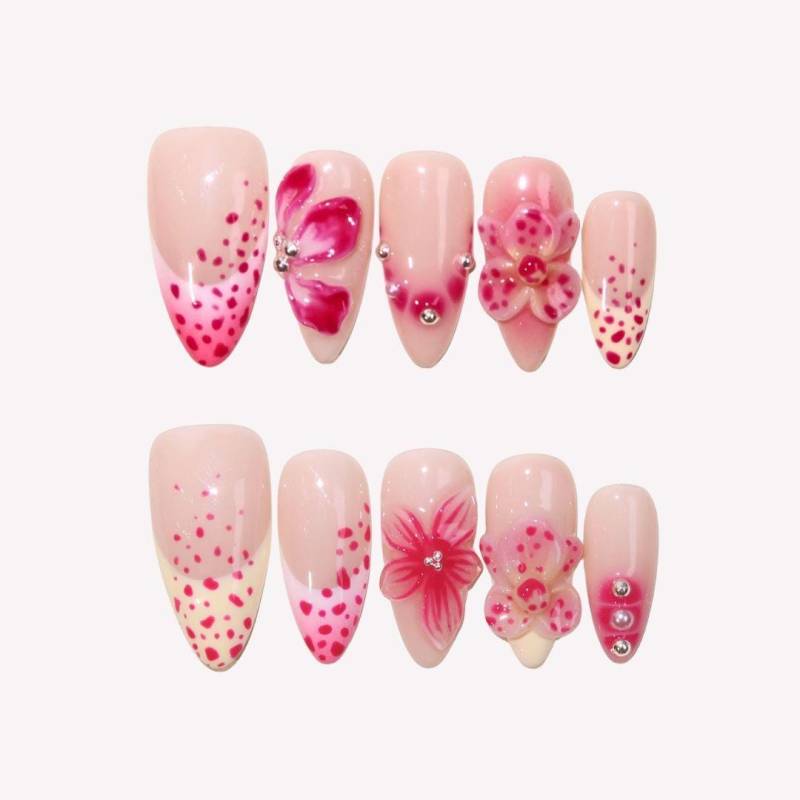 Pink Polka Dot Press On Nails, 3D Flower Nail Art, Cute Gel Tips, Handmade Floral Acrylic Summer Cherry Blossom Nails von Etsy - MichaelLorenzSchatze