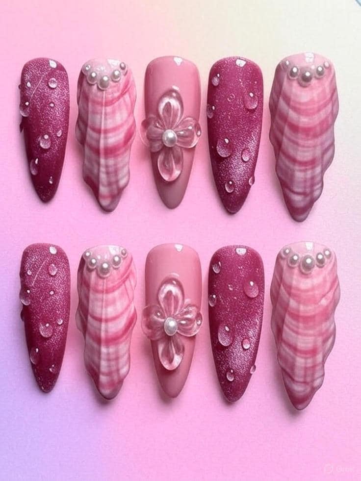 Pink Press On Nails With 3D Flower, Pearl Beads & Glossy Marble Design | Cute Handmade Fake For Girls Long Oval Nail Art Set von Etsy - MichaelLorenzSchatze