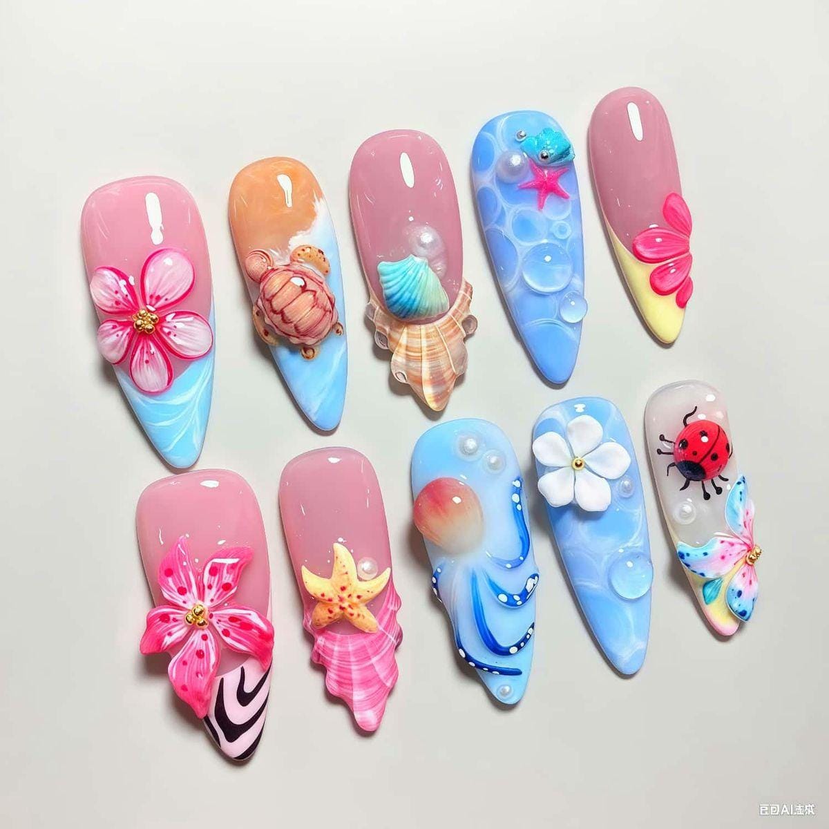 Summer Beach 3D Press On Nails, Ocean Shell Butterfly Nail Art, Cute Starfish Ladybug Floral Tips, Handmade Gel Set von Etsy - MichaelLorenzSchatze