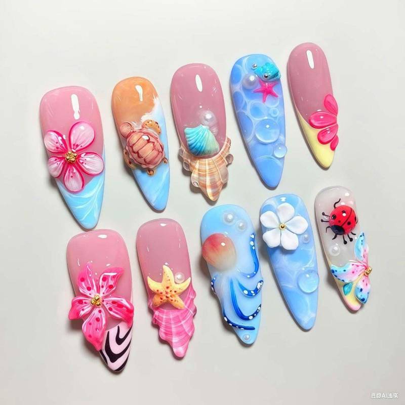 Summer Beach 3D Press On Nails, Ocean Shell Butterfly Nail Art, Cute Starfish Ladybug Floral Tips, Handmade Gel Set von Etsy - MichaelLorenzSchatze