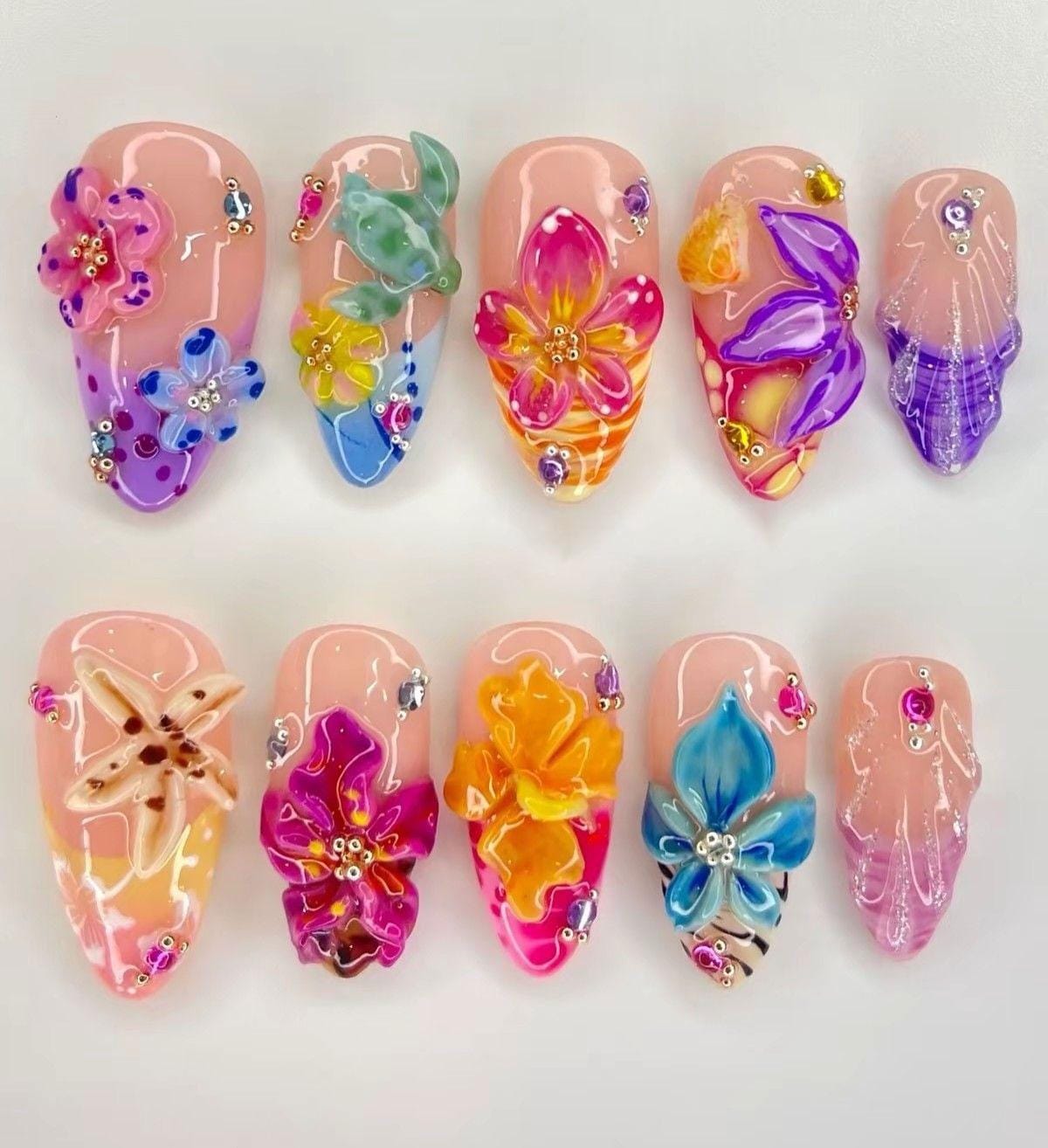 Tropical 3D Press On Nails, Colorful Hibiscus Flower Nail Art, Summer Beach Gel Tips, Handmade Bright Floral Set von Etsy - MichaelLorenzSchatze