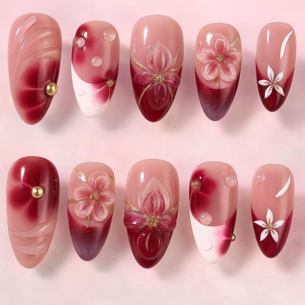 Wine Red Floral Press On Nails, 3D Flower Glossy Fake Handmade Long Nails For Summer Theme, Elegant Burgundy Gel Tips von Etsy - MichaelLorenzSchatze