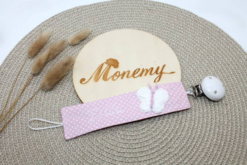 Schnullerband Personalisiert Rosa - Mit Name & Gehäkeltem Schmetterling Babygeschenk Schnullerkette Baumwolle Handmade von Etsy - Monemy