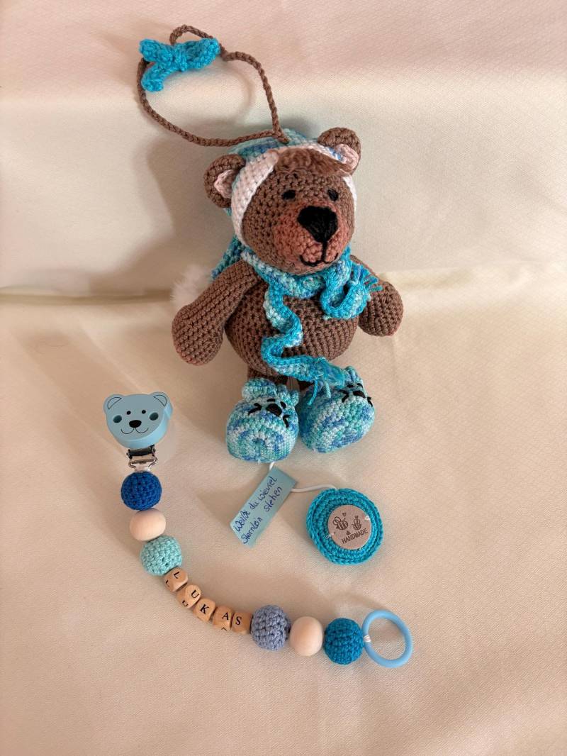 Spieluhr Teddybär & Schnullerkette Mit Teddyclip - Handgemachtes Baby Geschenkset Junge Geschenk Zur Geburt von Etsy - MoniLiHandmade
