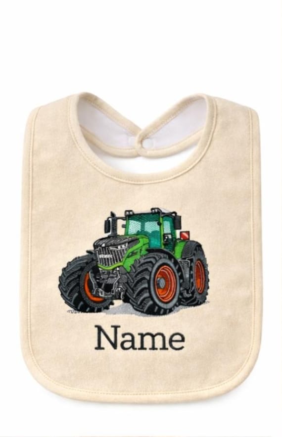 Personalisiertes Baby Lätzchen Mit Name | Beige Latz Bestickt Traktor| Geschenk Zur Geburt Handmade Stickerei von Etsy - MrNiceStudio