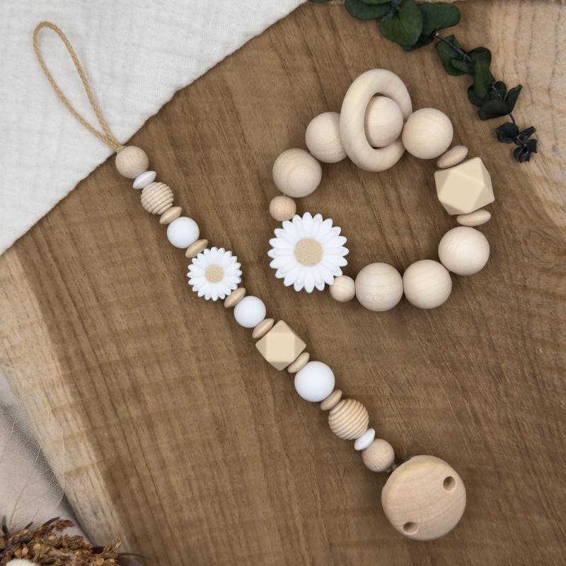 Schnullerkette Ohne Name | Greifling Greifring Blume Weiß Baby Junge Mädchen Geburtsgeschenk Babygeschenk Silikon Taufe von Etsy - Mullitante