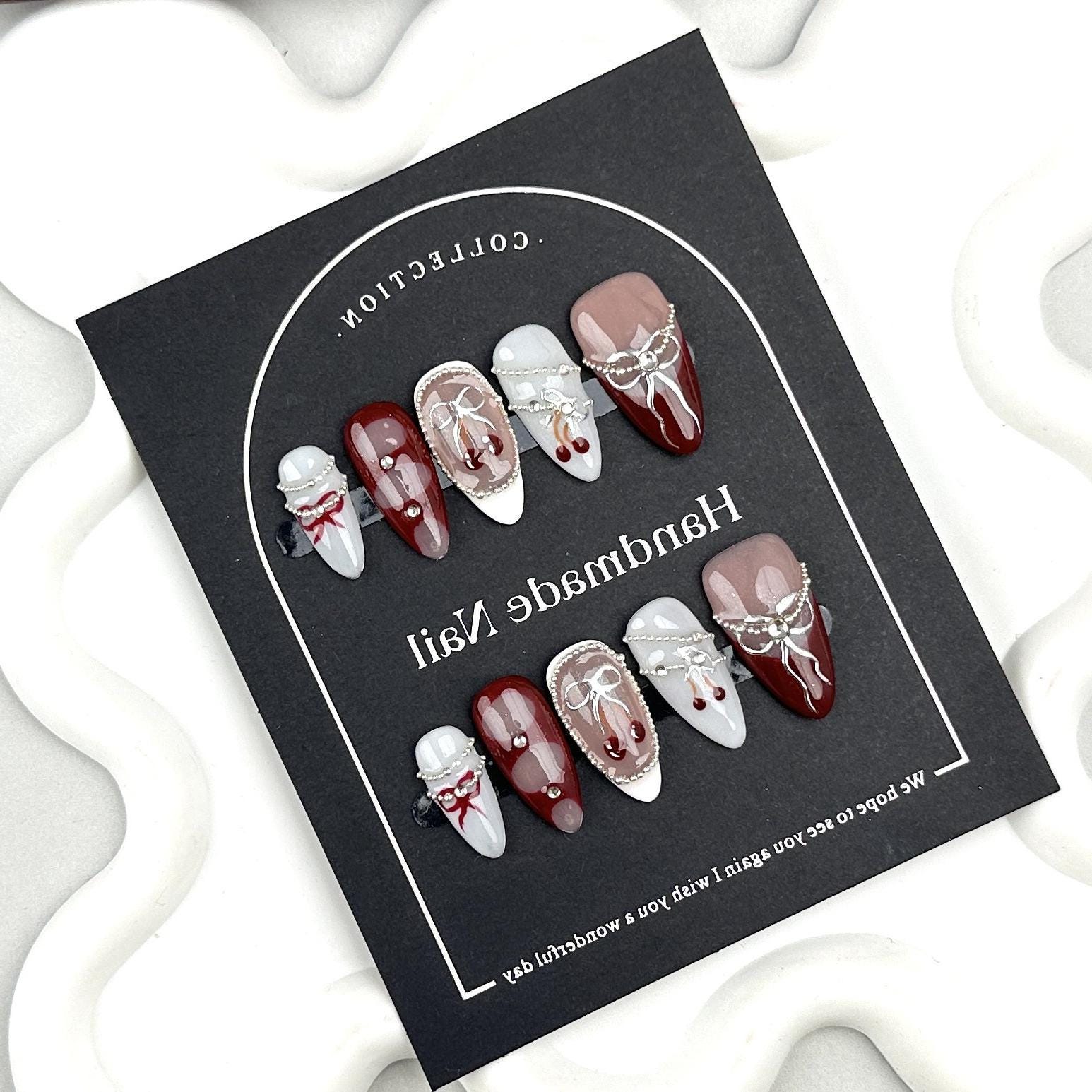 Bow Tie Cherry Hand Made Press On Nails, Gel Fake Cute Fun Coquette Premium Handmade Nail Designs, Gift For Her Bow Tie Cherry Hand Made Press On Nails, Gel Fake Cute Fun Coquette Premium Handmade Nail Designs, Gift For Her von Etsy - MystCharms