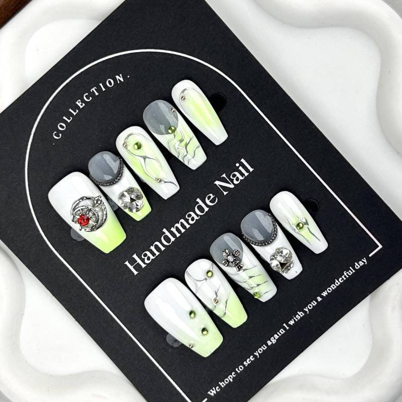 Cyber Gothic Press On Nails | Neon Green & Chrome Nail Art With Chains Rhinestones Edgy Handmade Y2K Set von Etsy - MystCharms