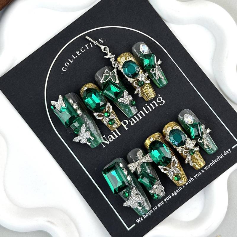Emerald Gem Press On Nails | Butterfly & Rhinestone Luxury Nail Art Green Gold Handmade Glam Set von Etsy - MystCharms