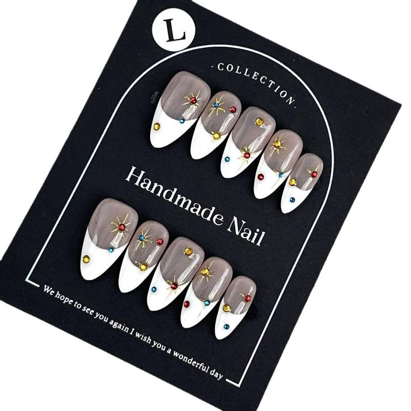 Handmade French Tip Press On Nails | Gray & White With Colorful Gem Stars Elegant Retro Nail Set von Etsy - MystCharms