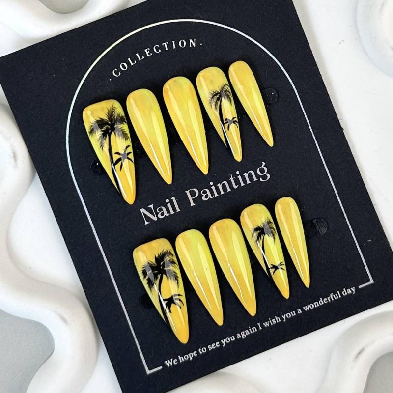 Tropical Sunset Press On Nails | Yellow Palm Tree Nail Art Design Summer Beach Handmade Set von Etsy - MystCharms