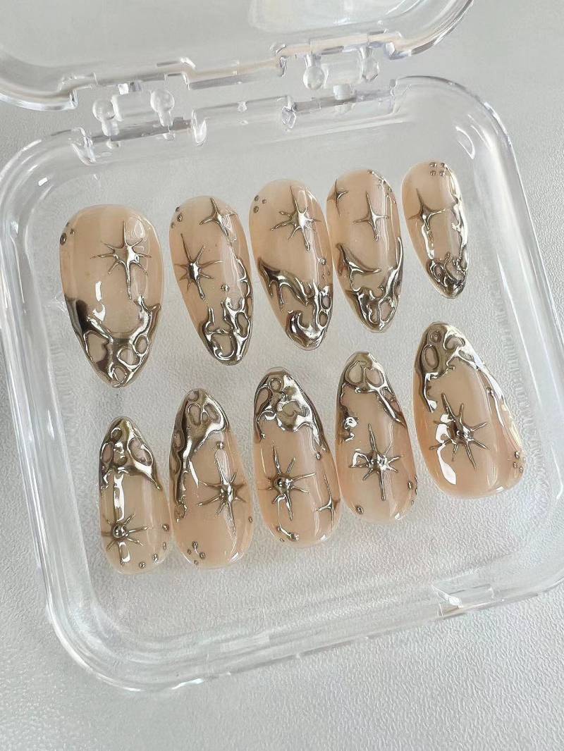 3D Gold Chrome Press On Nägel Handgefertigte Faux Acrylgelnägel von Etsy - MythicalNailart