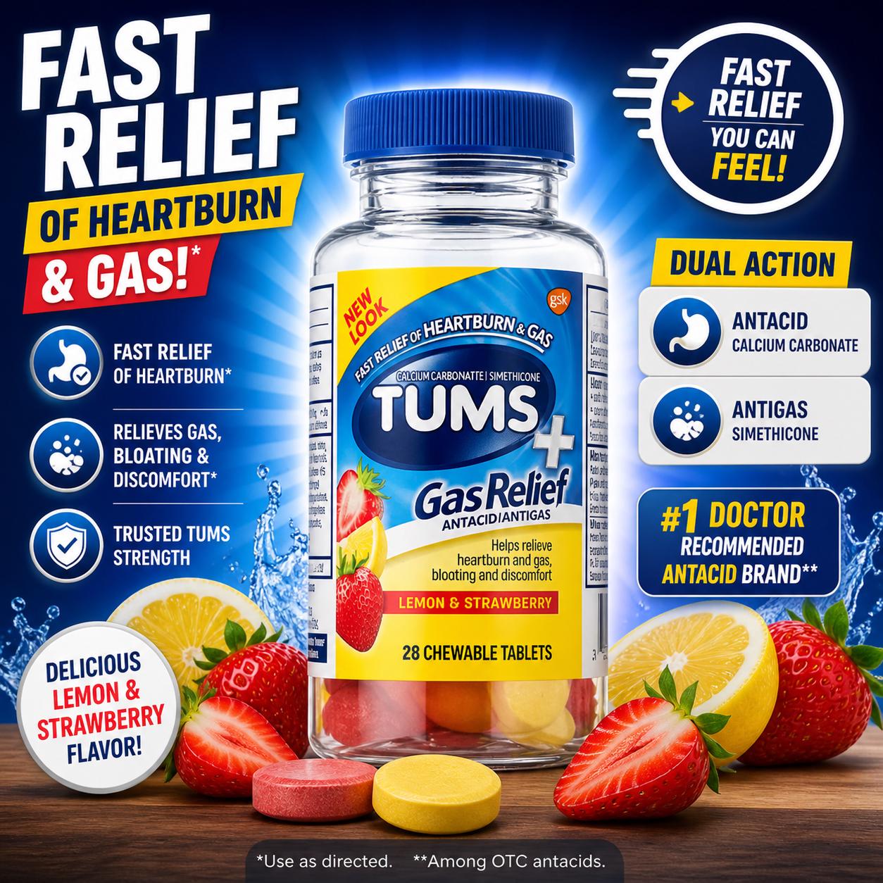 Tums Gas Relief Chewable Antacid 28Ct Lemon Strawberry - Fast Heartburn & Relief, Dual Action Calcium Carbonate + Simethicone von Etsy - NMN1000