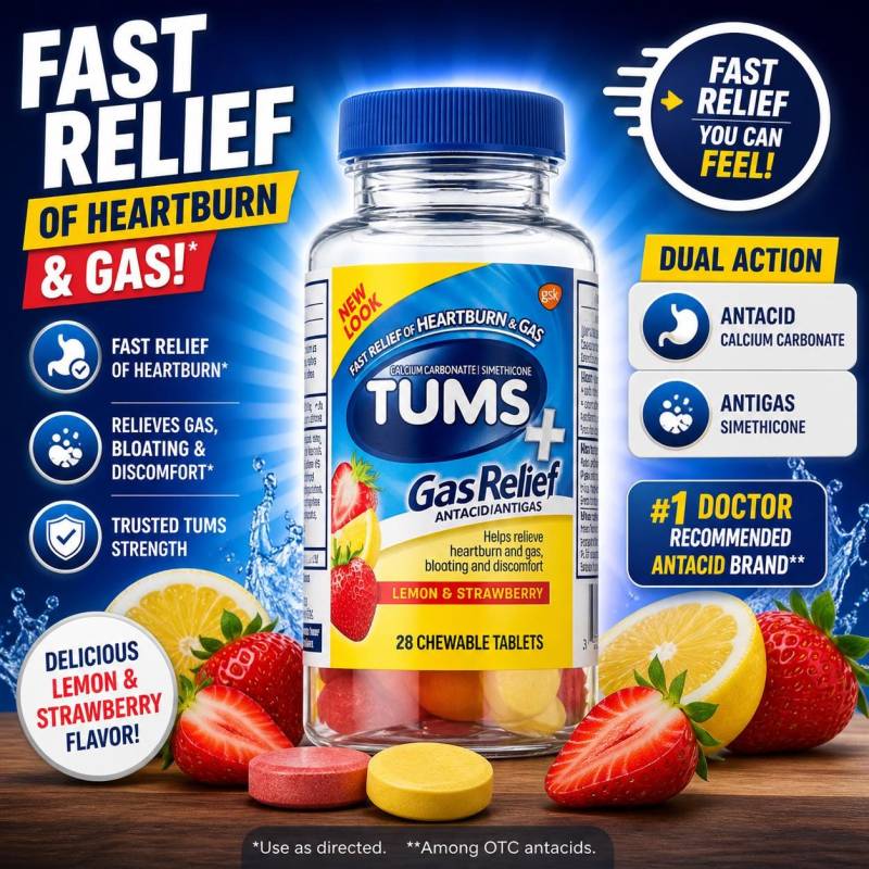 Tums Gas Relief Chewable Antacid 28Ct Lemon Strawberry - Fast Heartburn & Relief, Dual Action Calcium Carbonate + Simethicone von Etsy - NMN1000