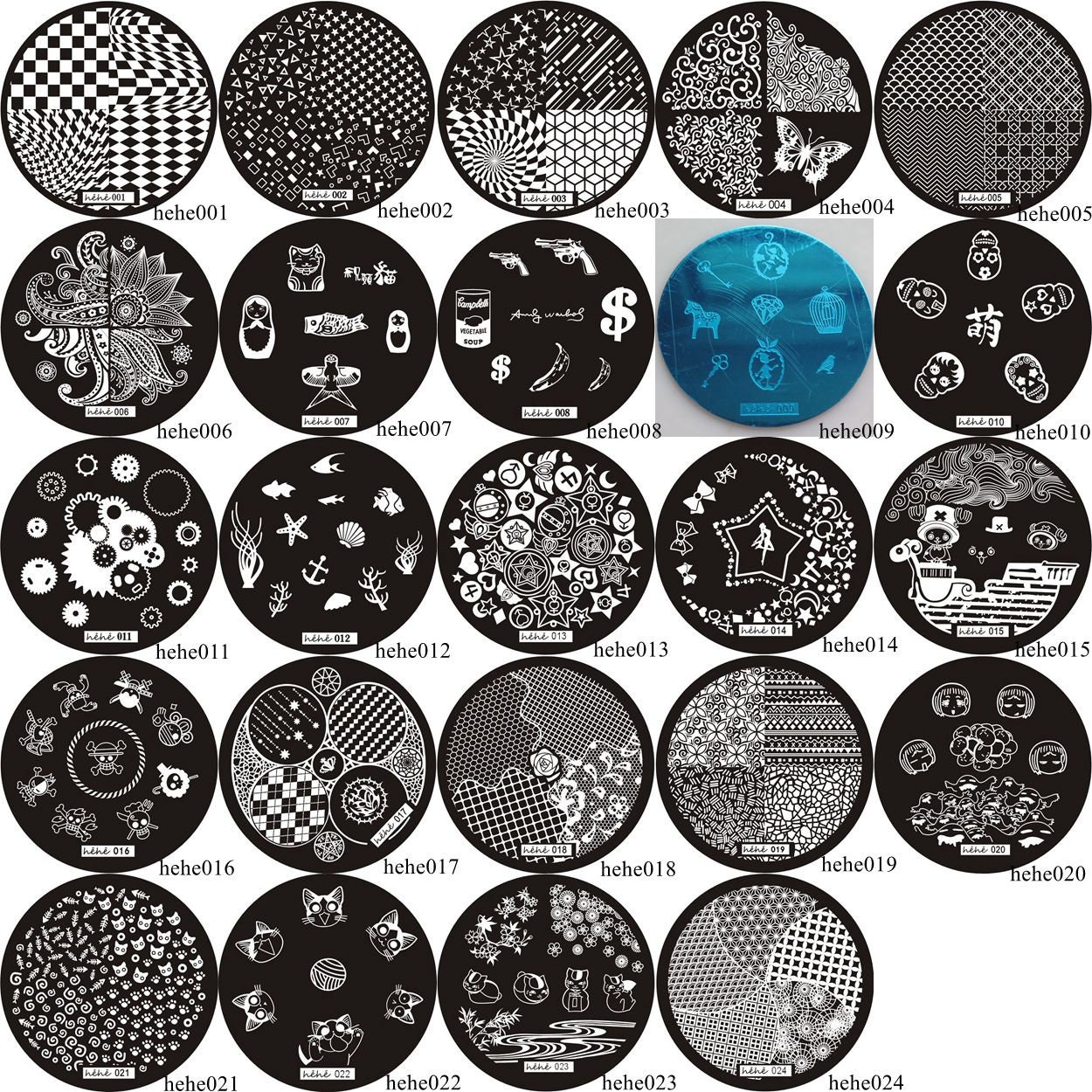 1 Stück Hehe001-024 Runde Form Blaue Folie Nail Art Stamping Bild Platte Edelstahl Gitter Zahnrad Sea Shell Cat von Etsy - NailAngel2019