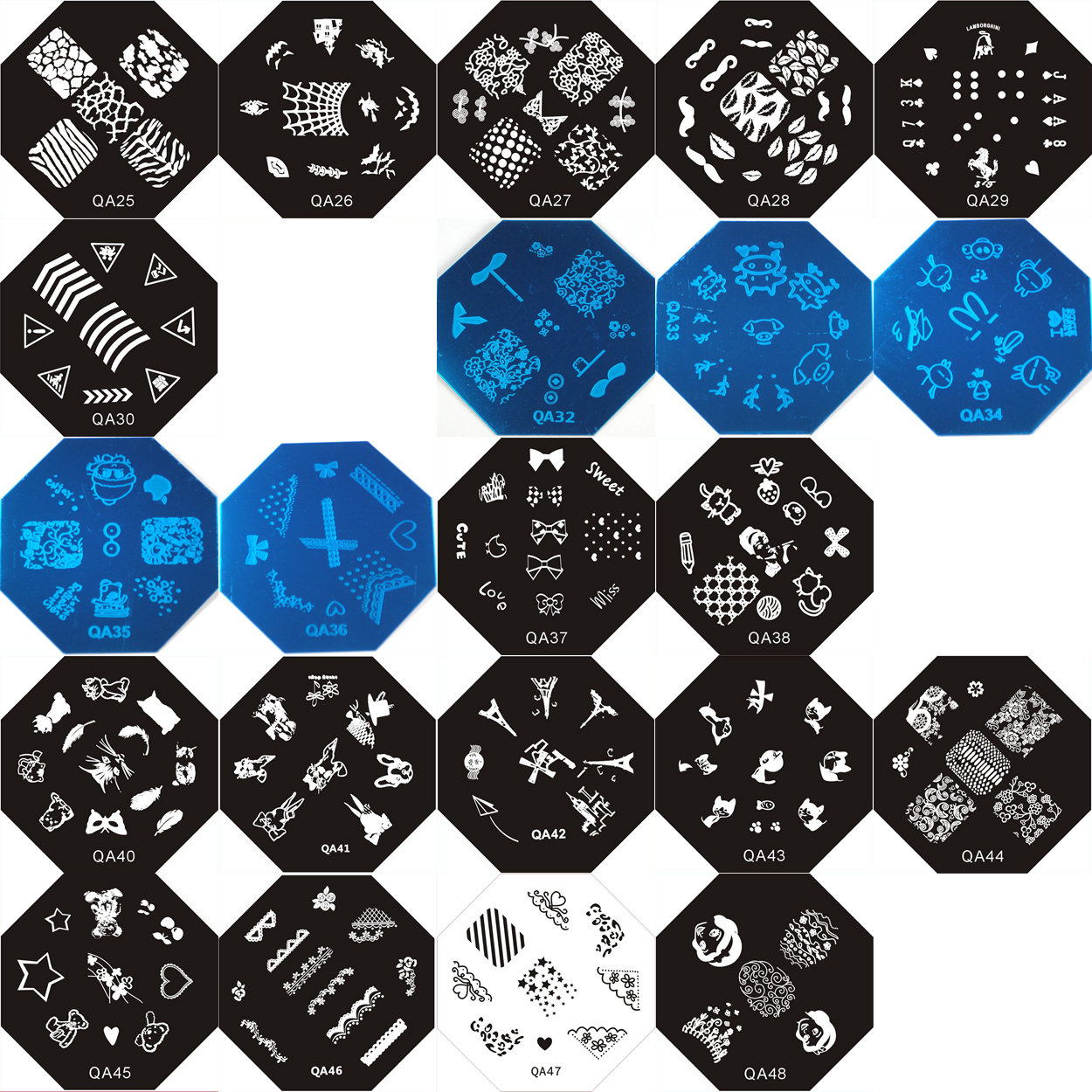 1Pc Qa25-48 Achteckige Form Blau Film Nail Art Stamping Bildplatte Edelstahl Platte Web Drucke Schleife Stern Feder von Etsy - NailAngel2019