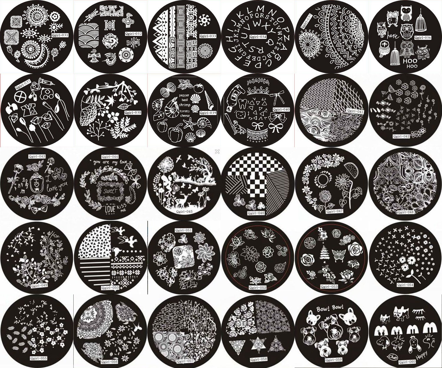 1Pc Qgirl031-060 Runde Form Blau Film Nail Art Stamping Bild Platte Edelstahl Buchstaben Blatt Shell Blumenhund von Etsy - NailAngel2019