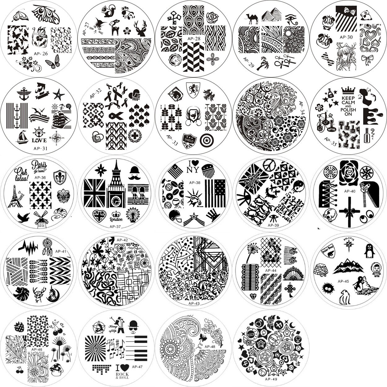 1Stk Ap26-49 Runde Form Hochwertige Blaue Folie Nail Art Stempelbild Platte Edelstahl Stempelplatte Schleife Seekrone Turm von Etsy - NailAngel2019