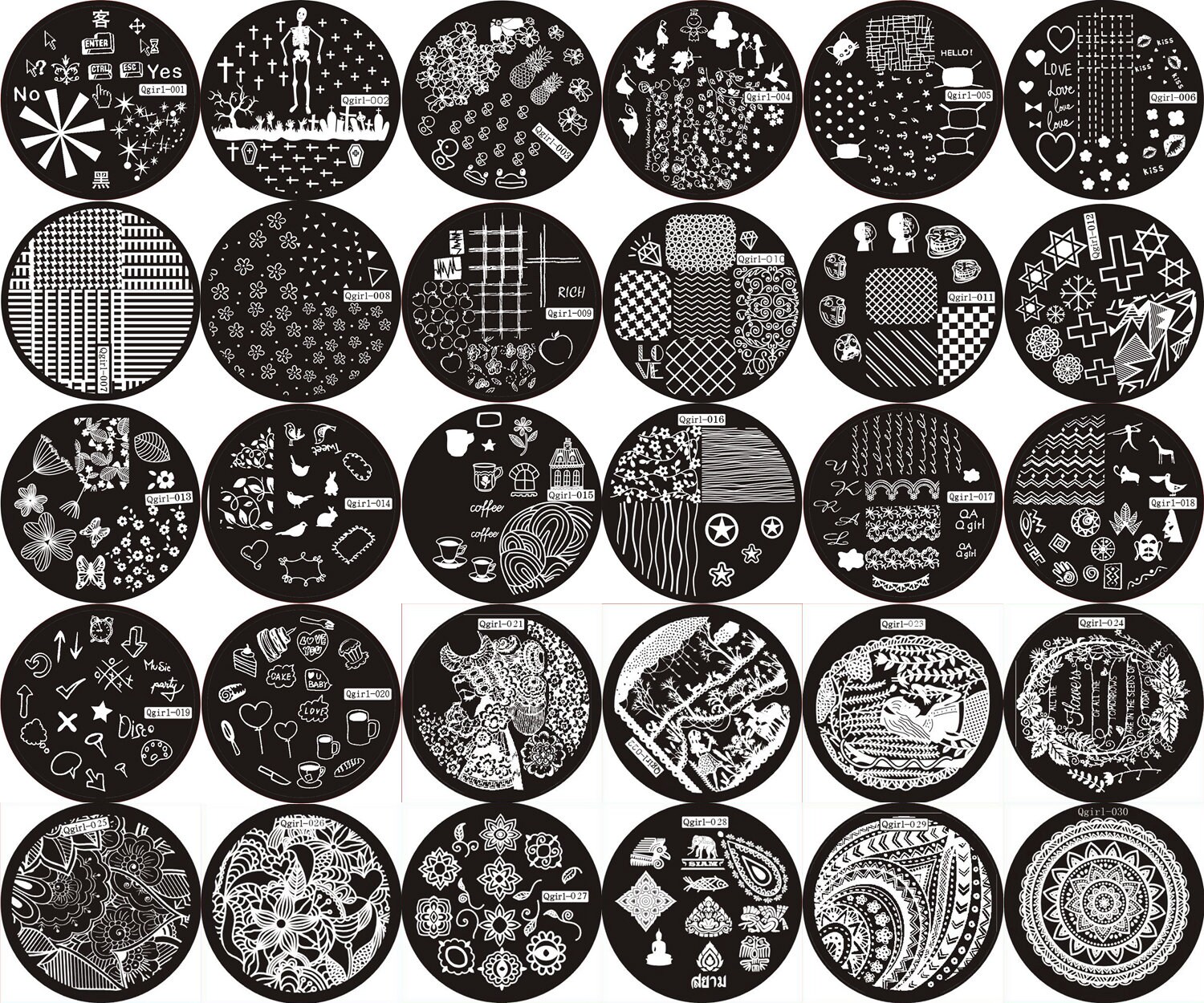 1Stk Qgirl001-030 Runde Form Blauer Film Nail Art Stempelbild Platte Edelstahl Stempelplatte Totenkopf Blume Taube Herz Tasse von Etsy - NailAngel2019