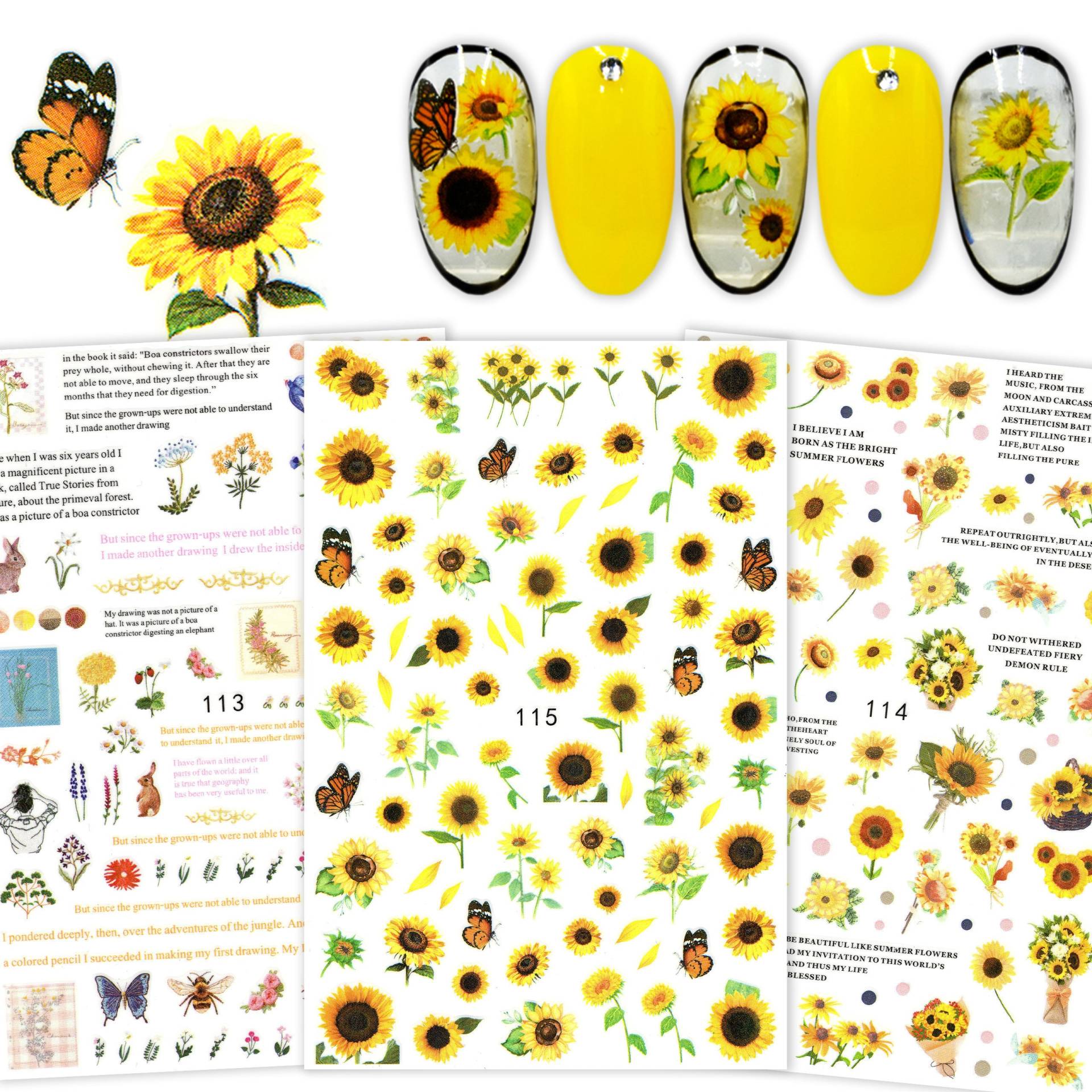 3 Blatt Sonnenblumen Daisy Frühling Sommer Nail Art Sticker | Selbstklebende Nagel Aufkleber Blumen Tagebuch Sonnenblume Garten & Schmetterling von Etsy - NailQueenNYC