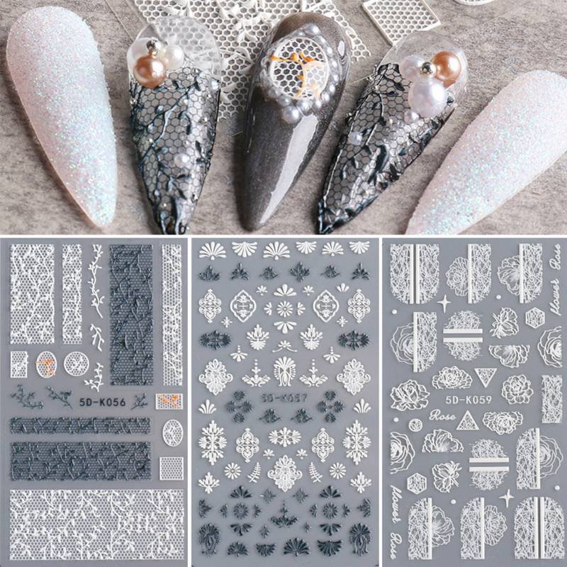 4 Sheets 5D White/Black Lace Nail Art Aufkleber | Boho Henna Embossed Rose Selbstklebende Nagelabziehbilder | Suche Nach "5D" Für Weitere Artikel von Etsy - NailQueenNYC